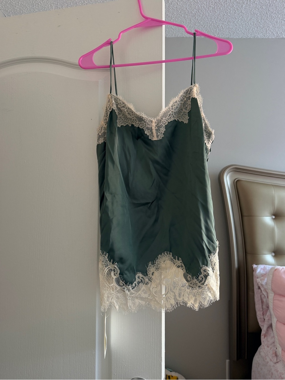 Abercrombie & Fitch Dark Green Satin Lace-Trim Cami